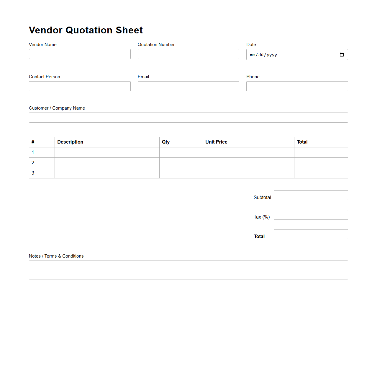 Basic Vendor Quotation Sheet Template