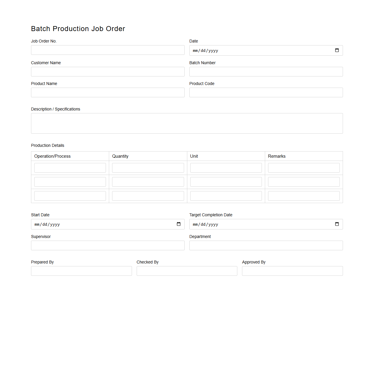 Batch Production Job Order Format for Factories