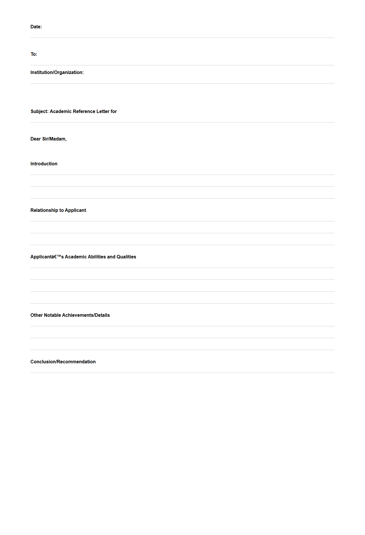 Blank Academic Reference Letter Outline