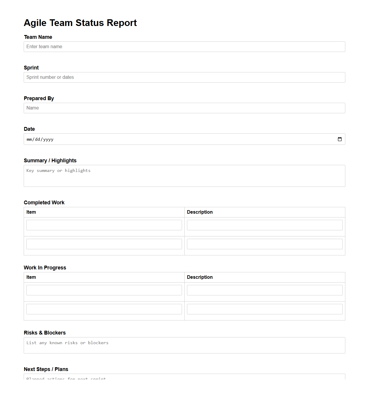 Blank Agile Team Status Report Sheet