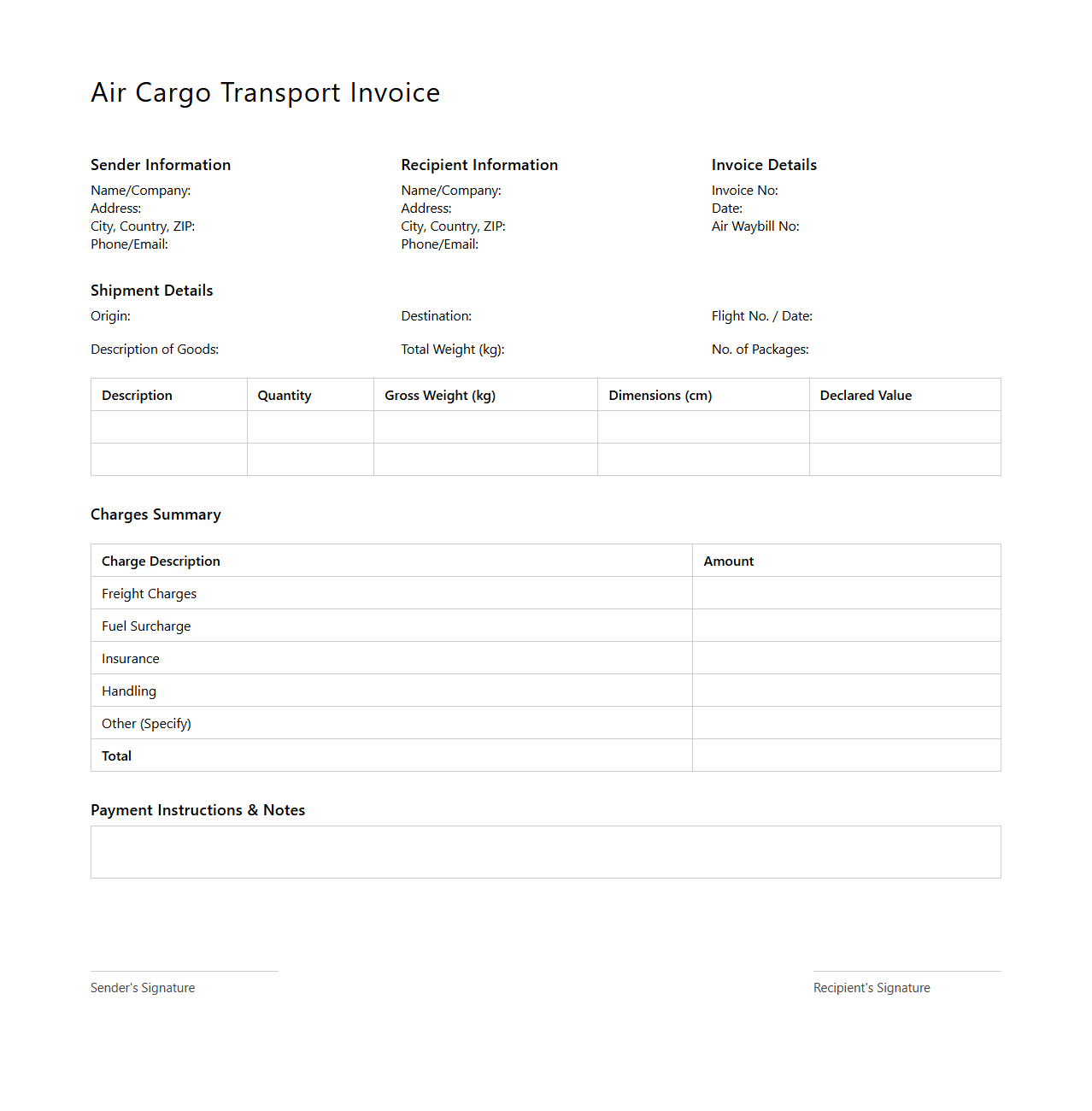 Blank Air Cargo Transport Invoice Template
