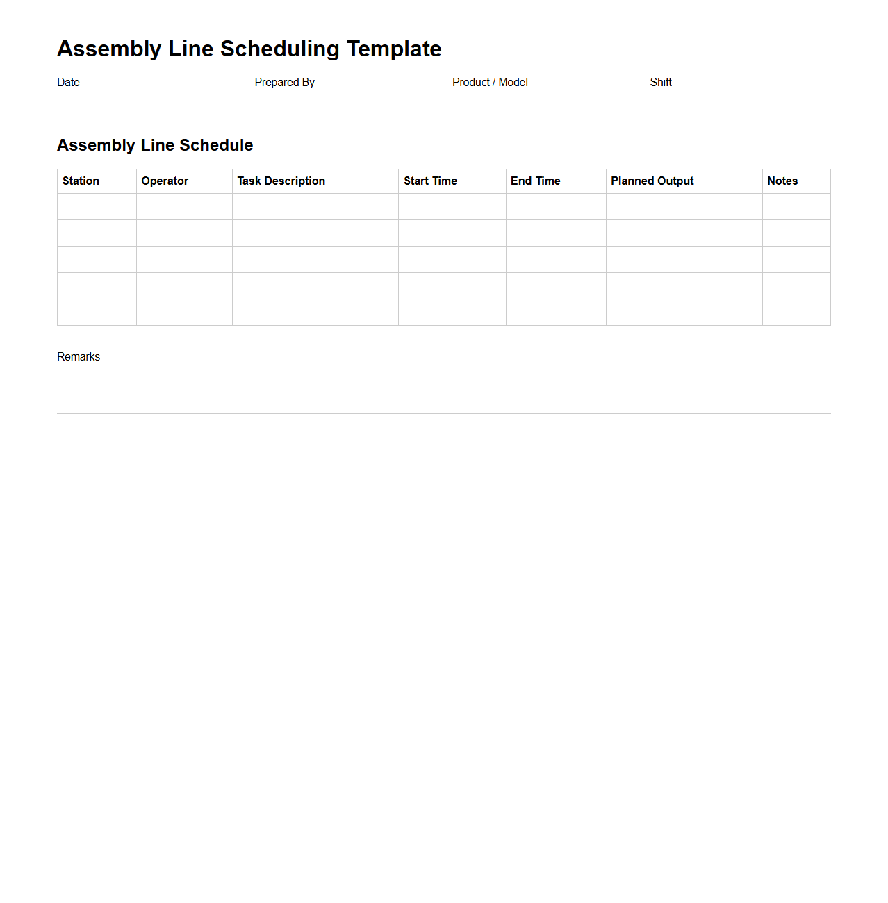 Blank Assembly Line Scheduling Template for Manufacturing