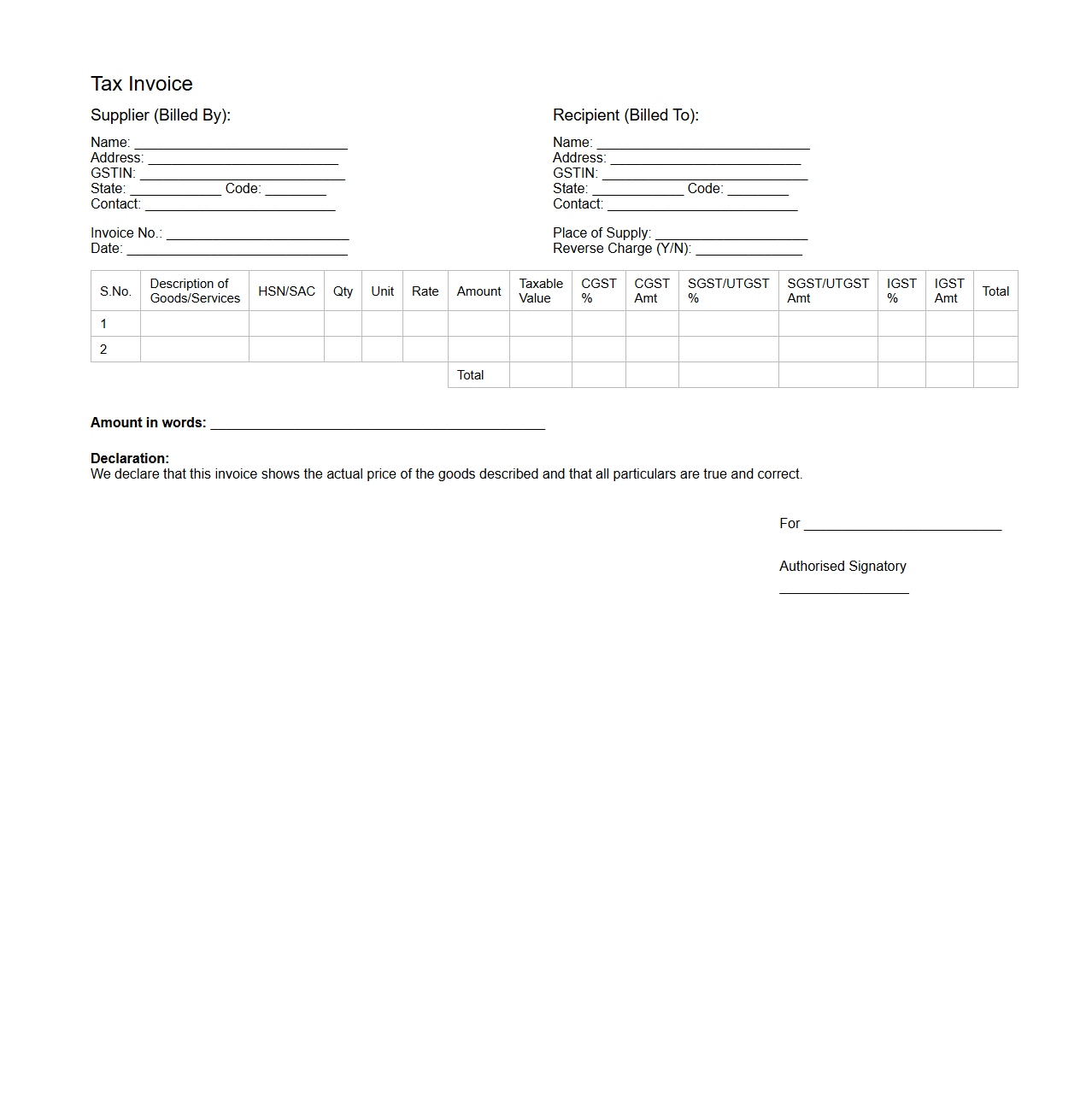 Blank B2B Tax Invoice Template for GST