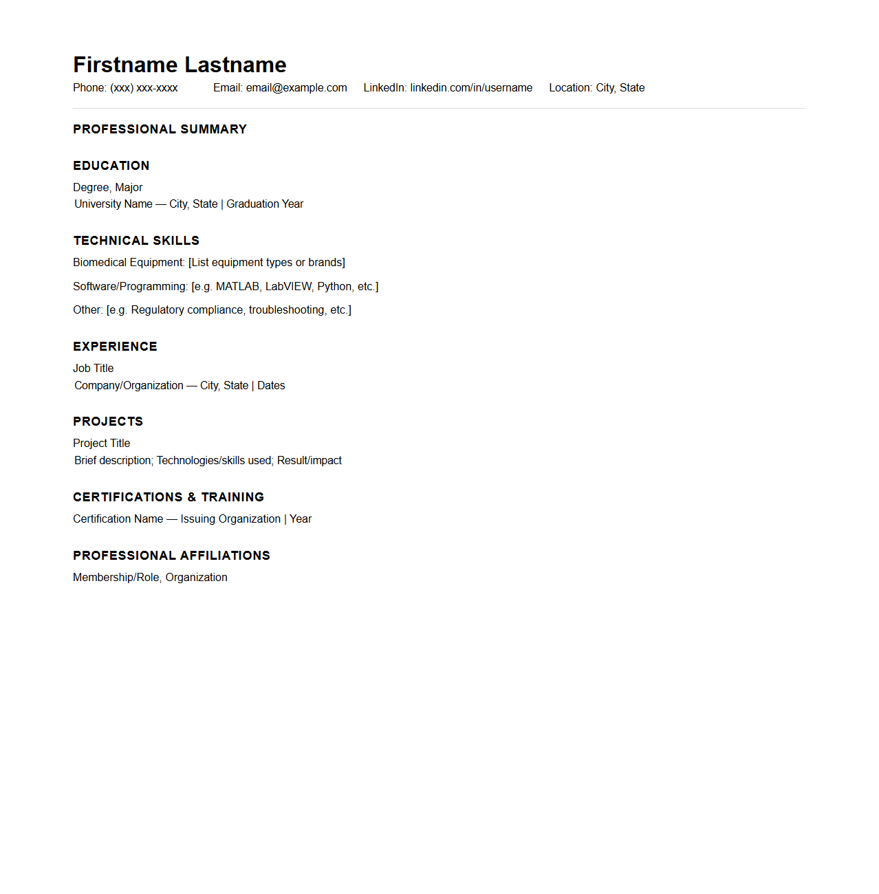 Blank Biomedical Engineering Resume Framework for Healthcare Technology Jobs