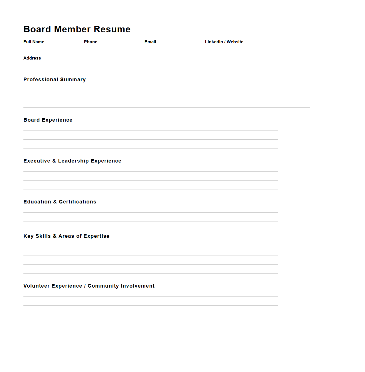 Blank Board Member Resume Structure for Leadership Applications