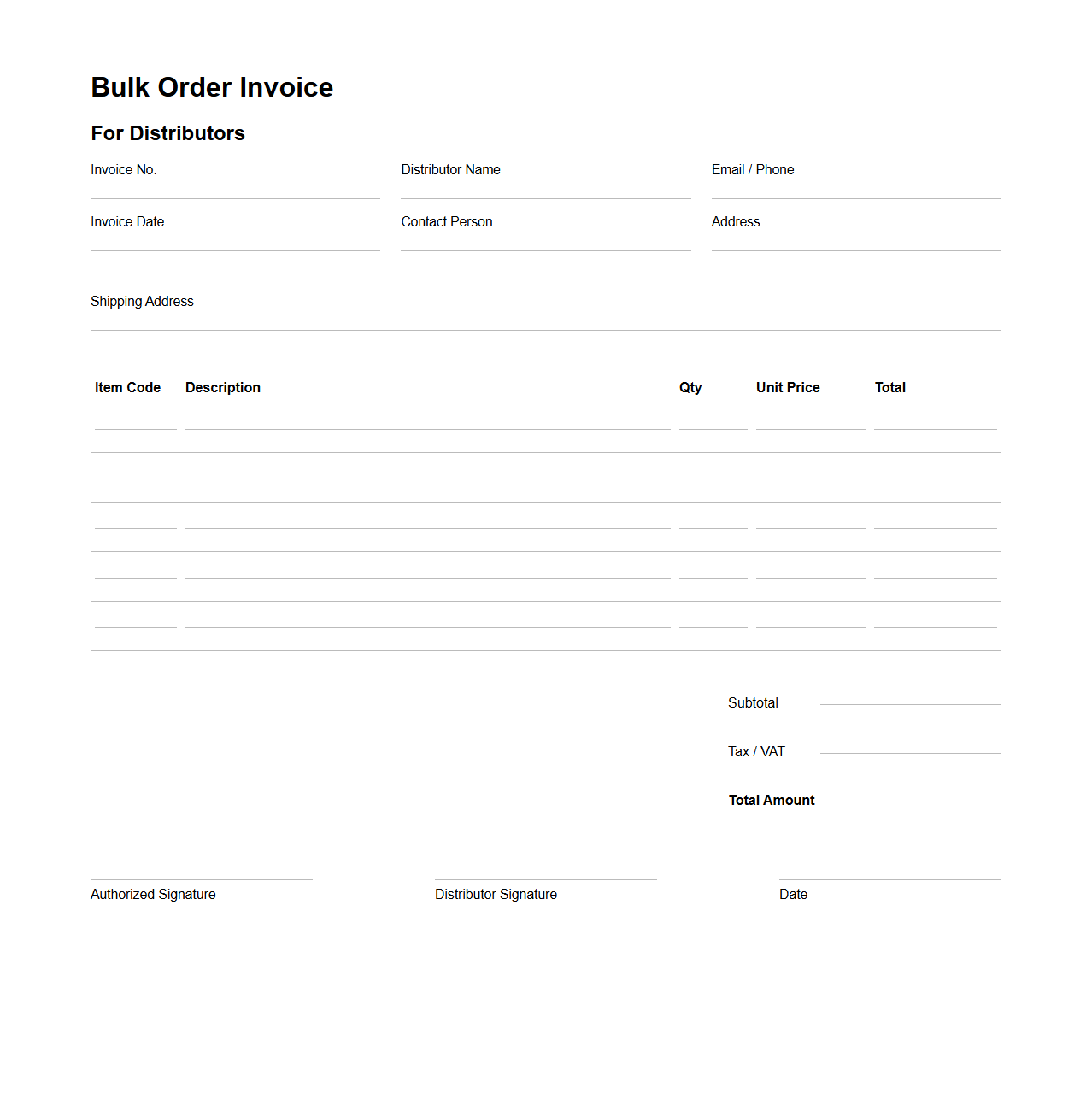 Blank Bulk Order Invoice for Distributors