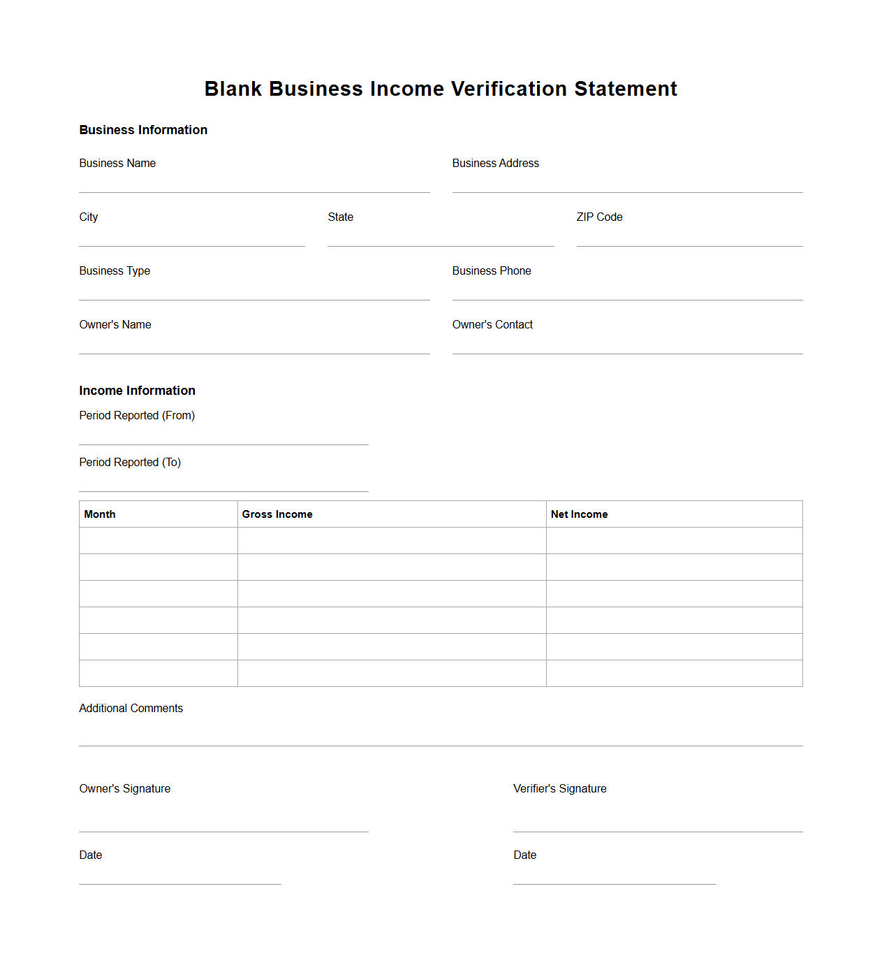 Blank Business Income Verification Statement