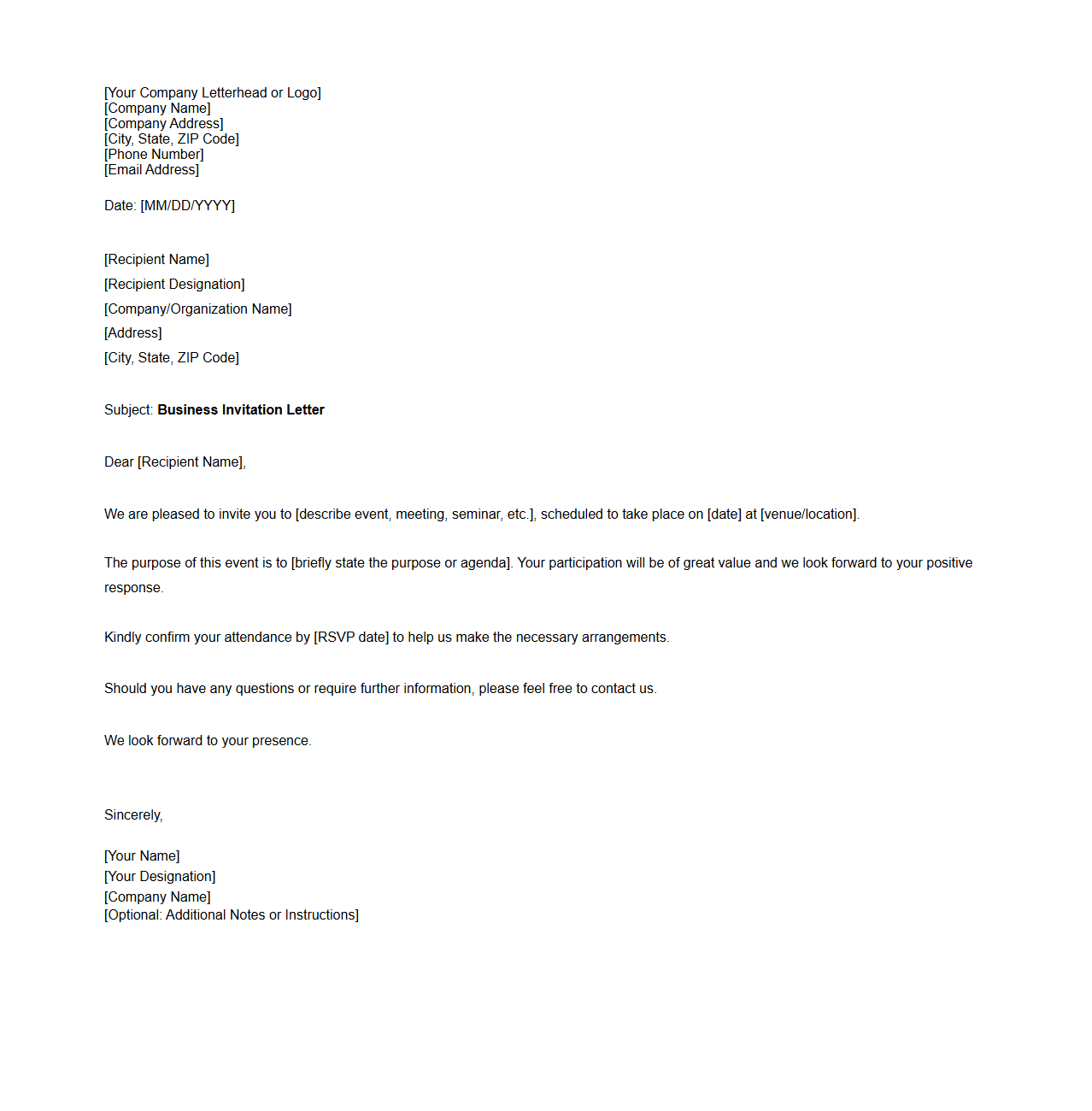 Blank Business Invitation Letter Format