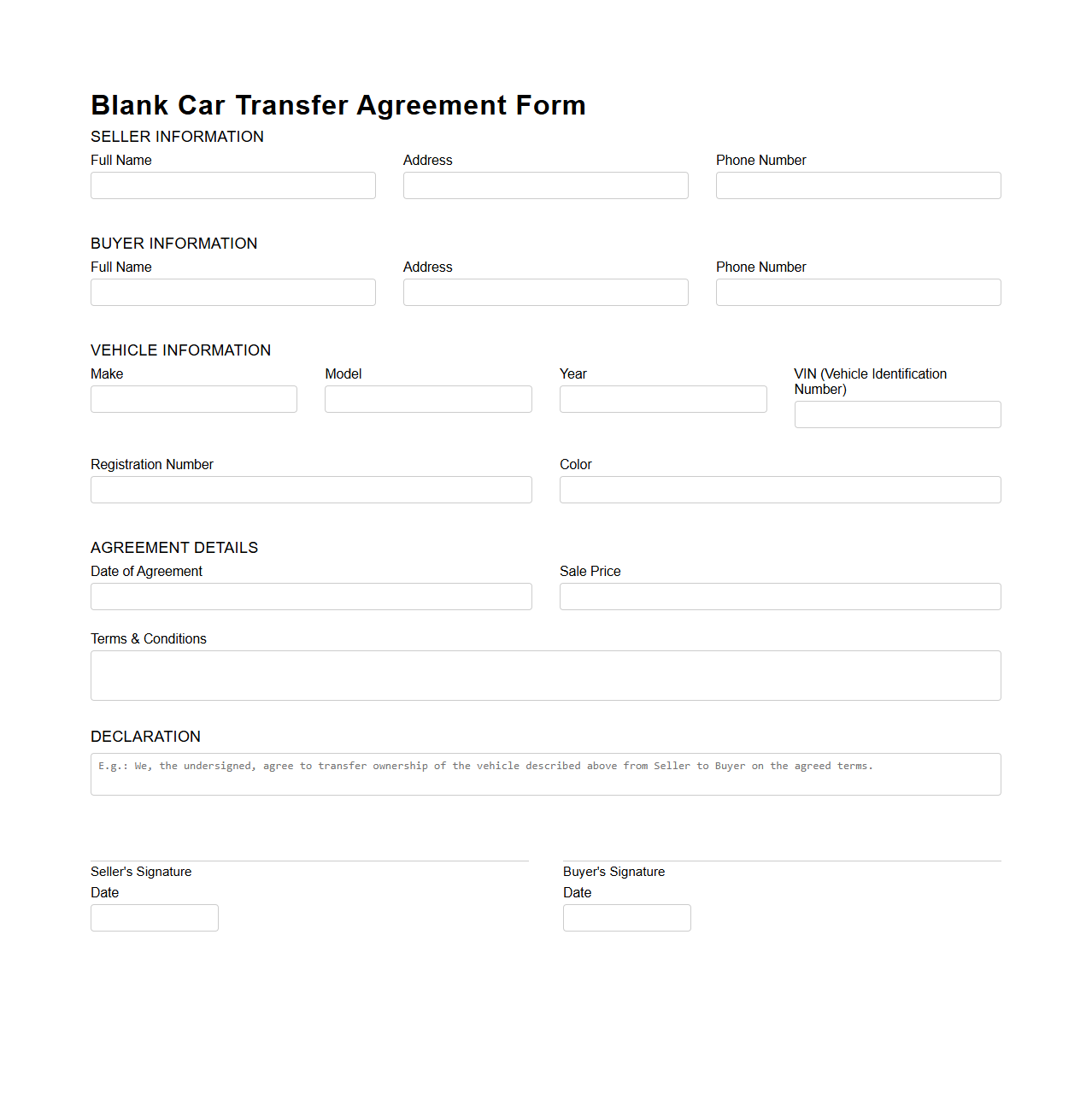 Blank Car Transfer Agreement Form