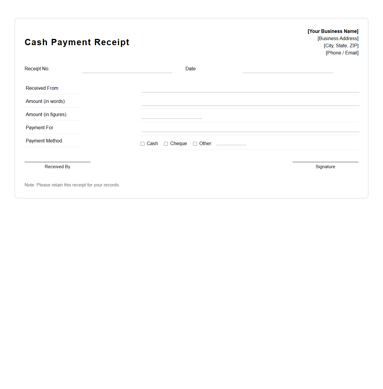 Blank Cash Payment Receipt Template for Business