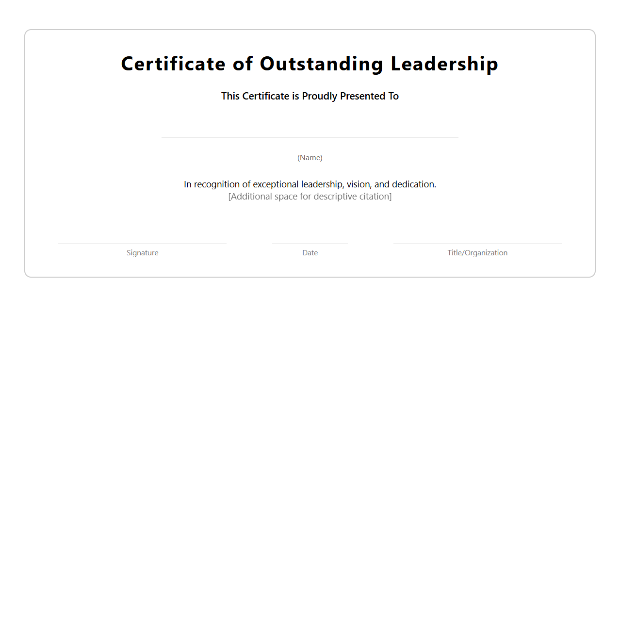 Blank Certificate of Outstanding Leadership