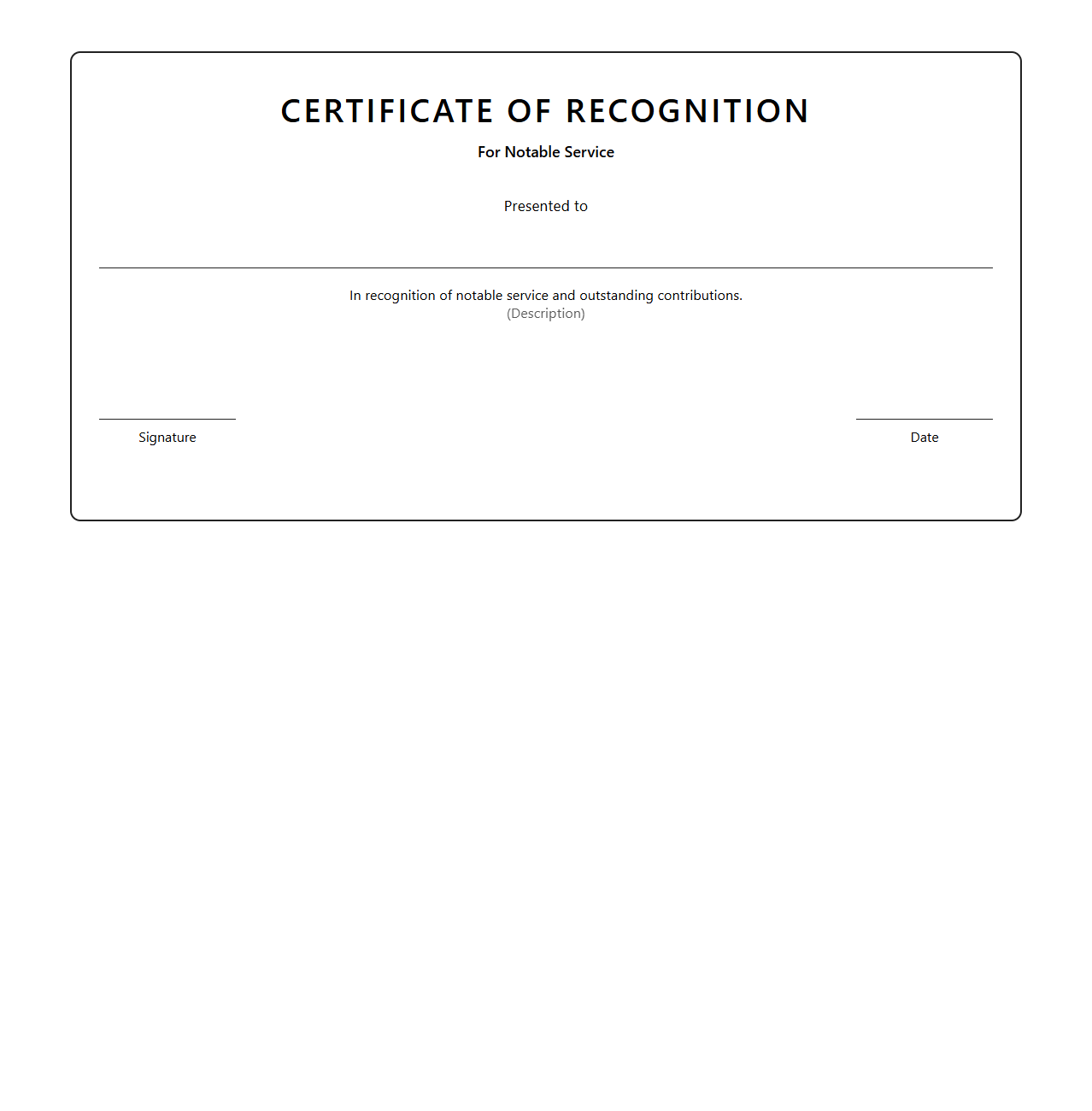 Blank Certificate of Recognition for Notable Service