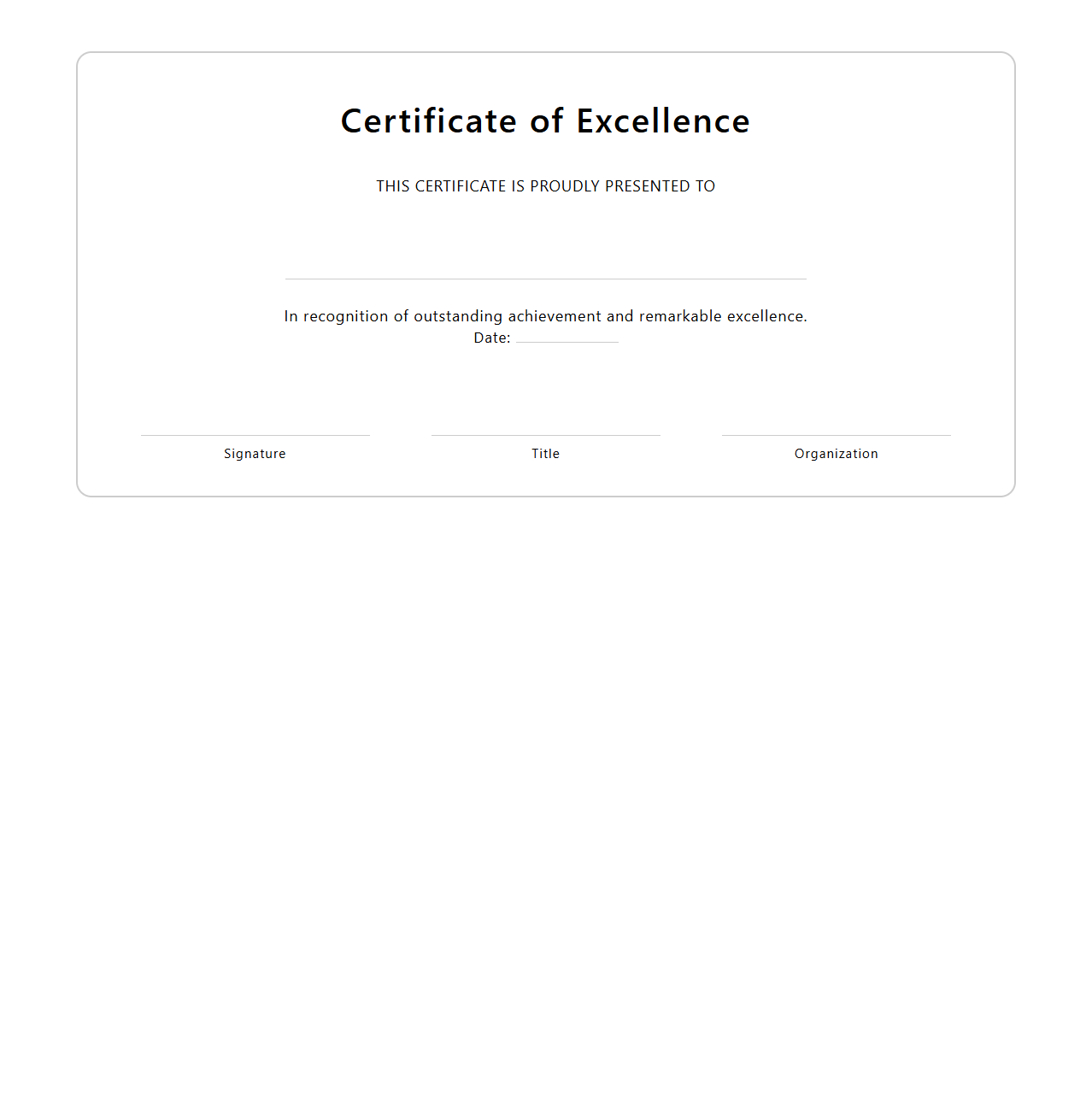 Blank Certificate Template for Excellence Award