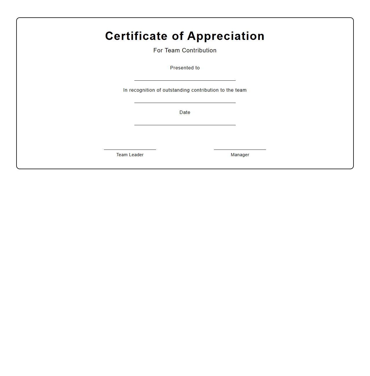Blank Certificate Template for Team Contribution