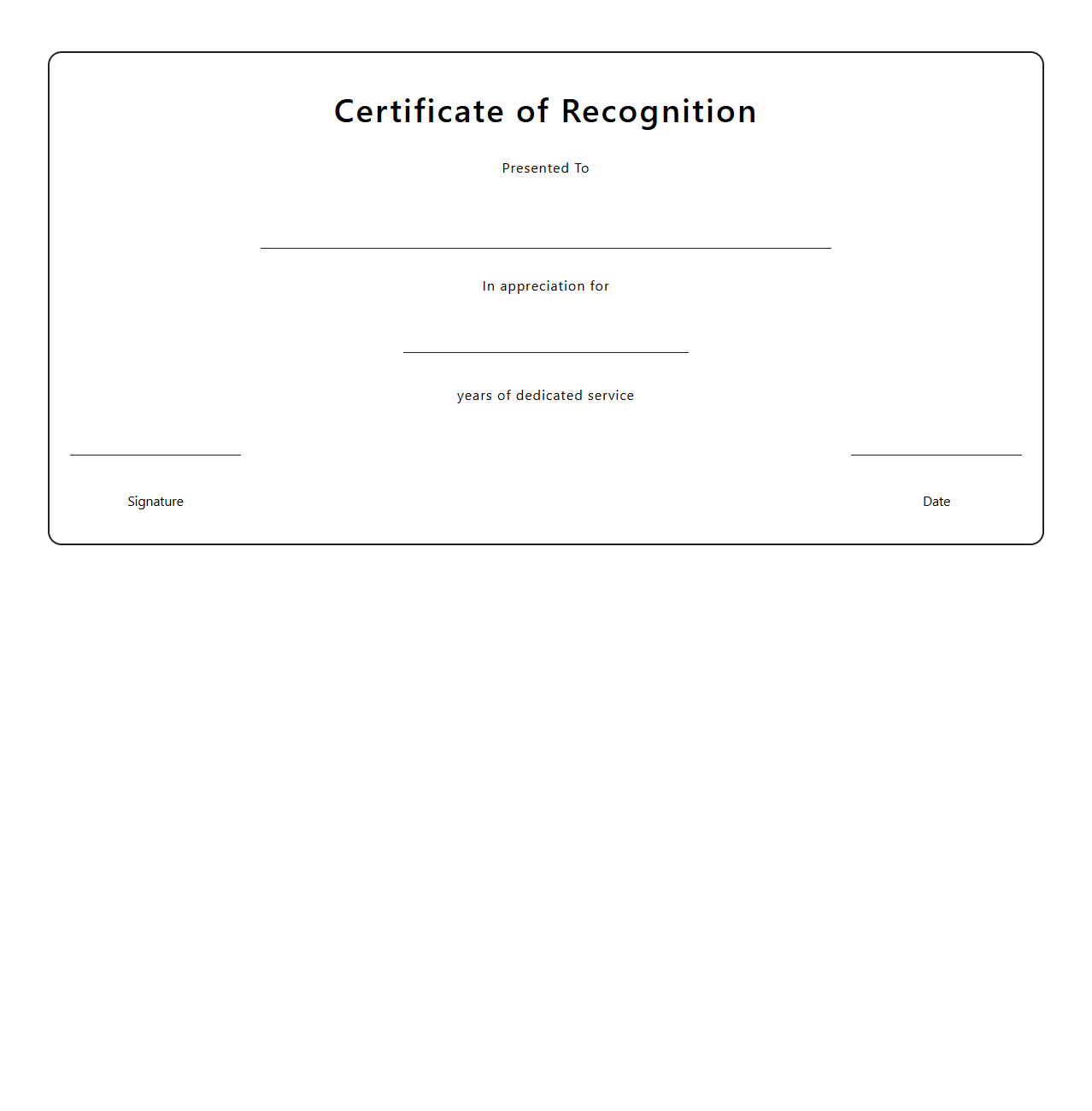 Blank Certificate Template for Years of Service Recognition