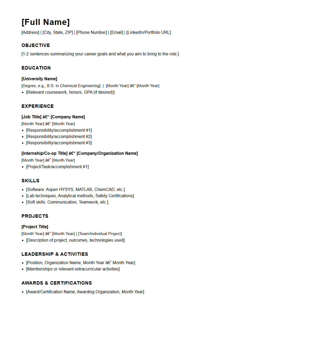 Blank Chemical Engineering Resume Outline for Industry Applicants