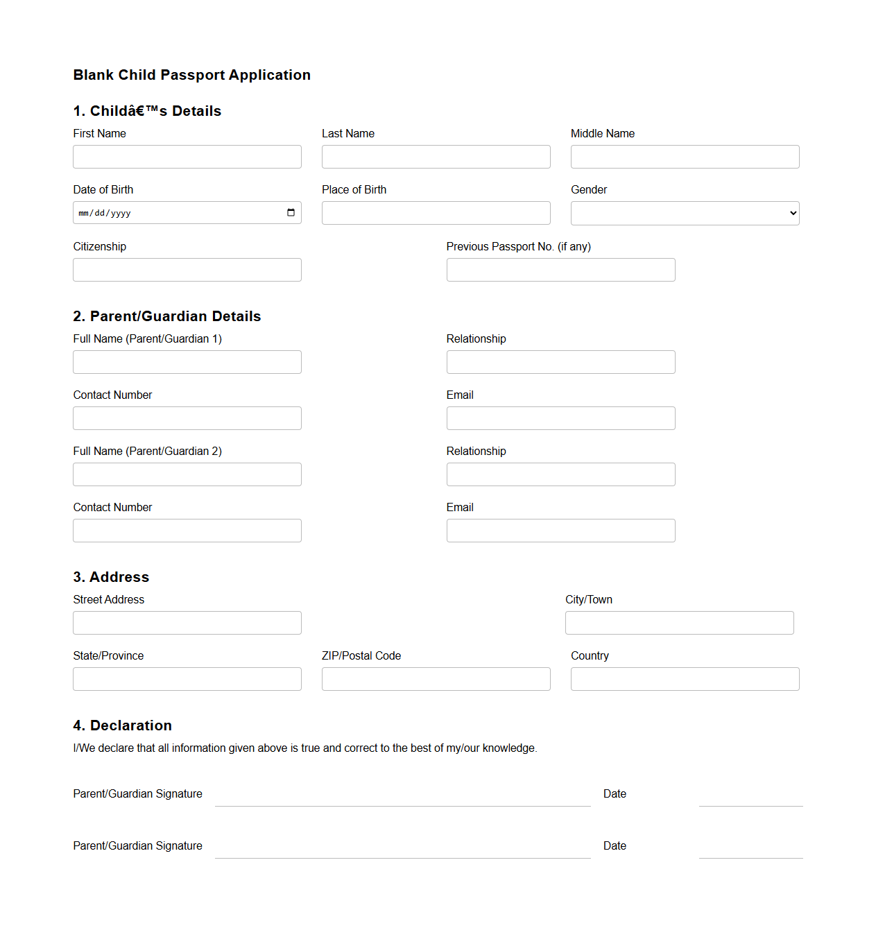 Blank Child Passport Application Template for Families