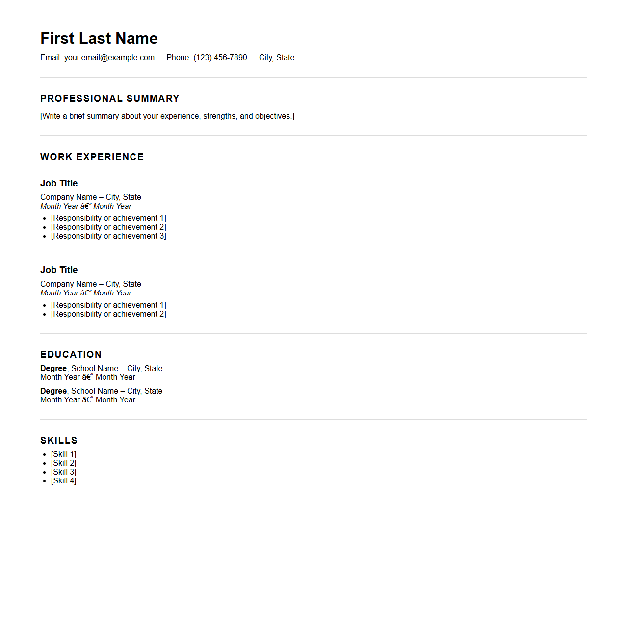 Blank Chronological Resume Template for Work Experience