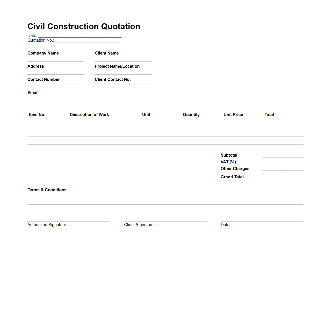 Blank Civil Construction Quotation Template