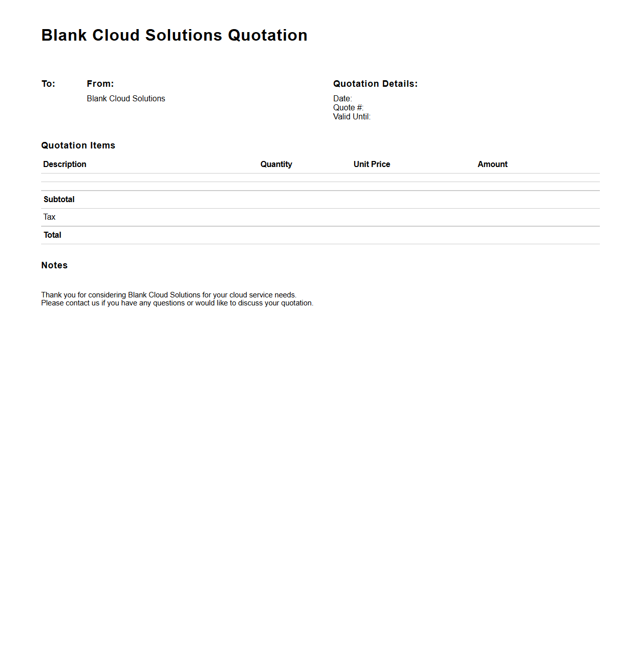 Blank Cloud Solutions Quotation Template