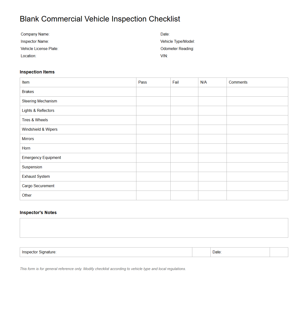 Blank Commercial Vehicle Inspection Checklist