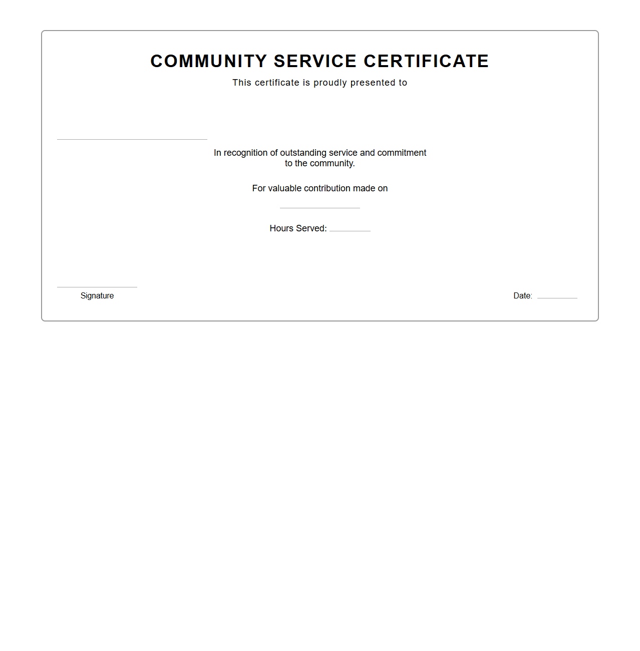 Blank Community Service Certificate Template