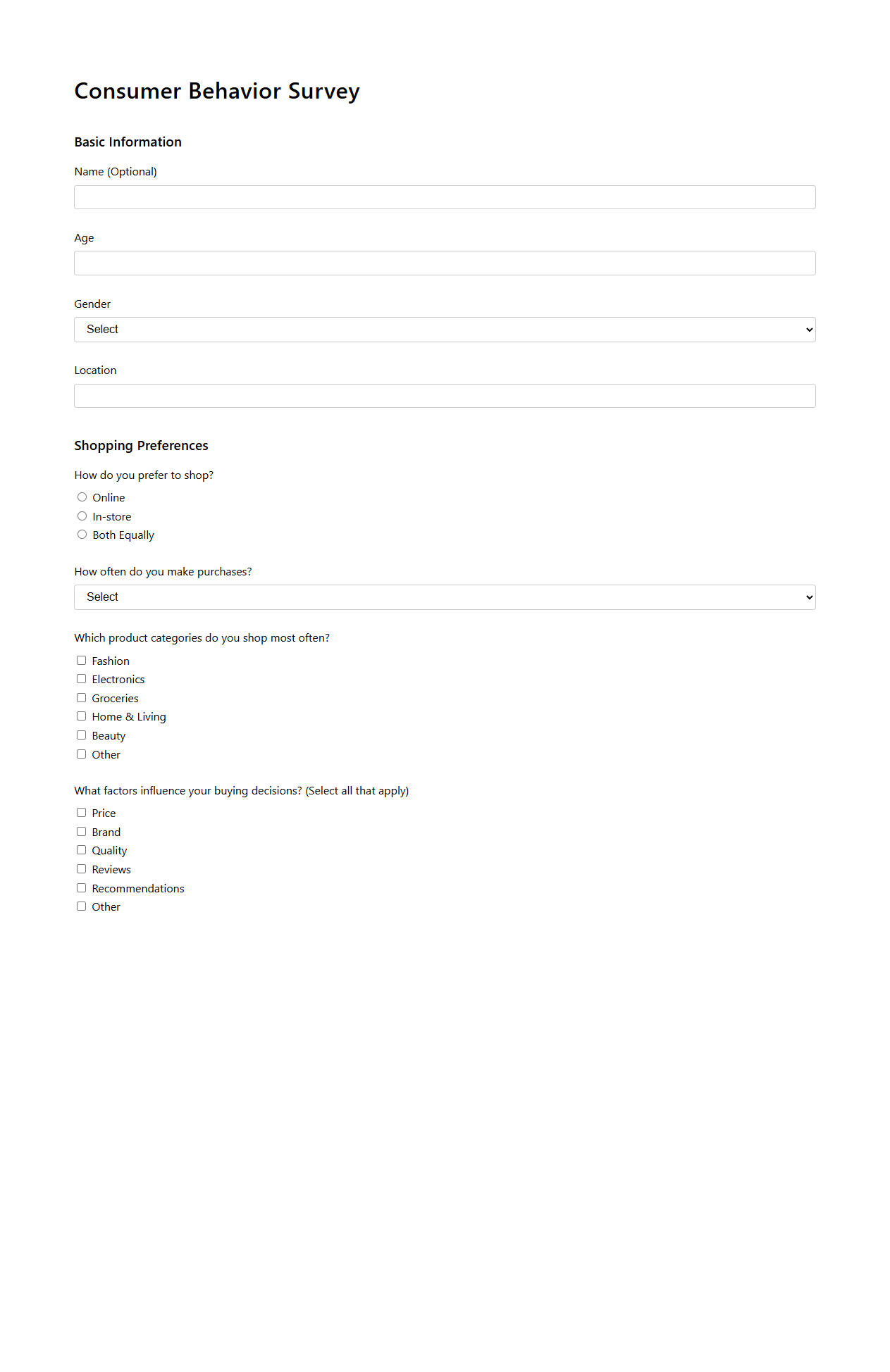 Blank Consumer Behavior Survey Template for Market Trends