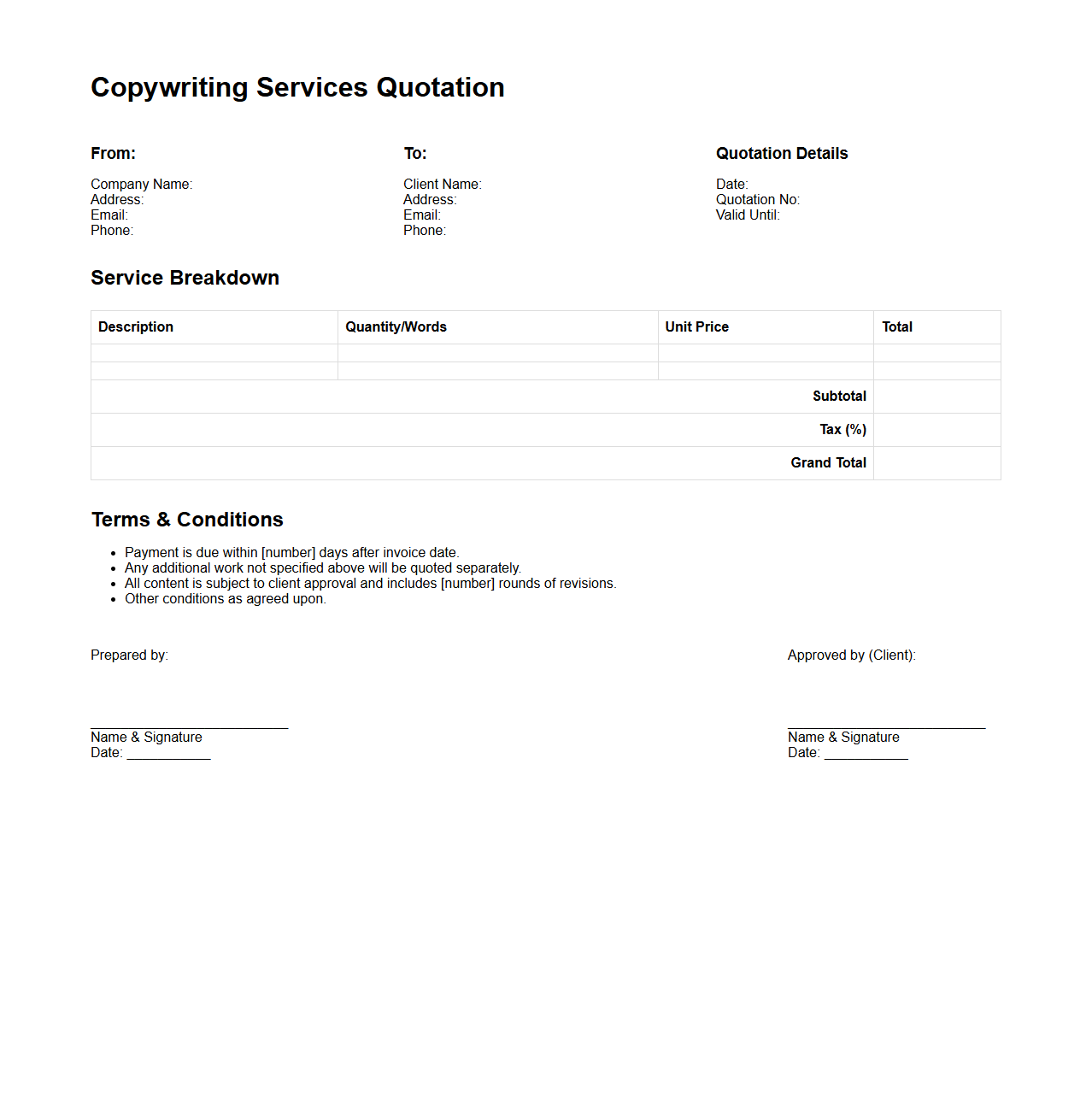 Blank Copywriting Services Quotation Format