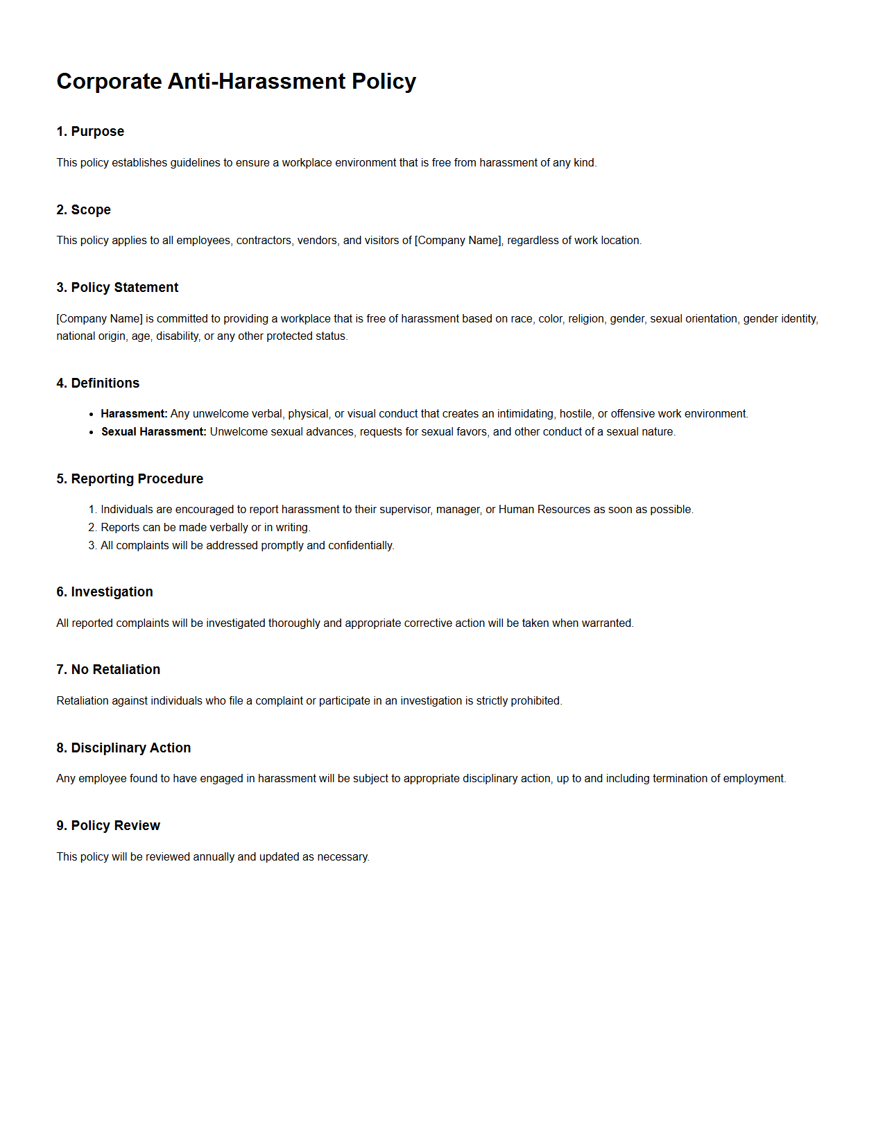 Blank Corporate Anti-Harassment Policy Template