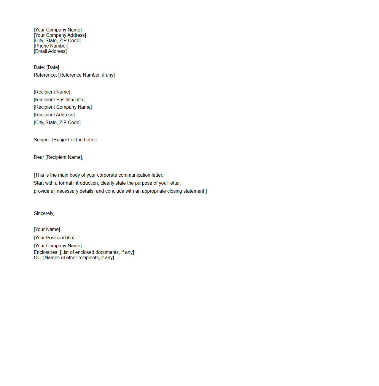 Blank Corporate Communication Letter Sample