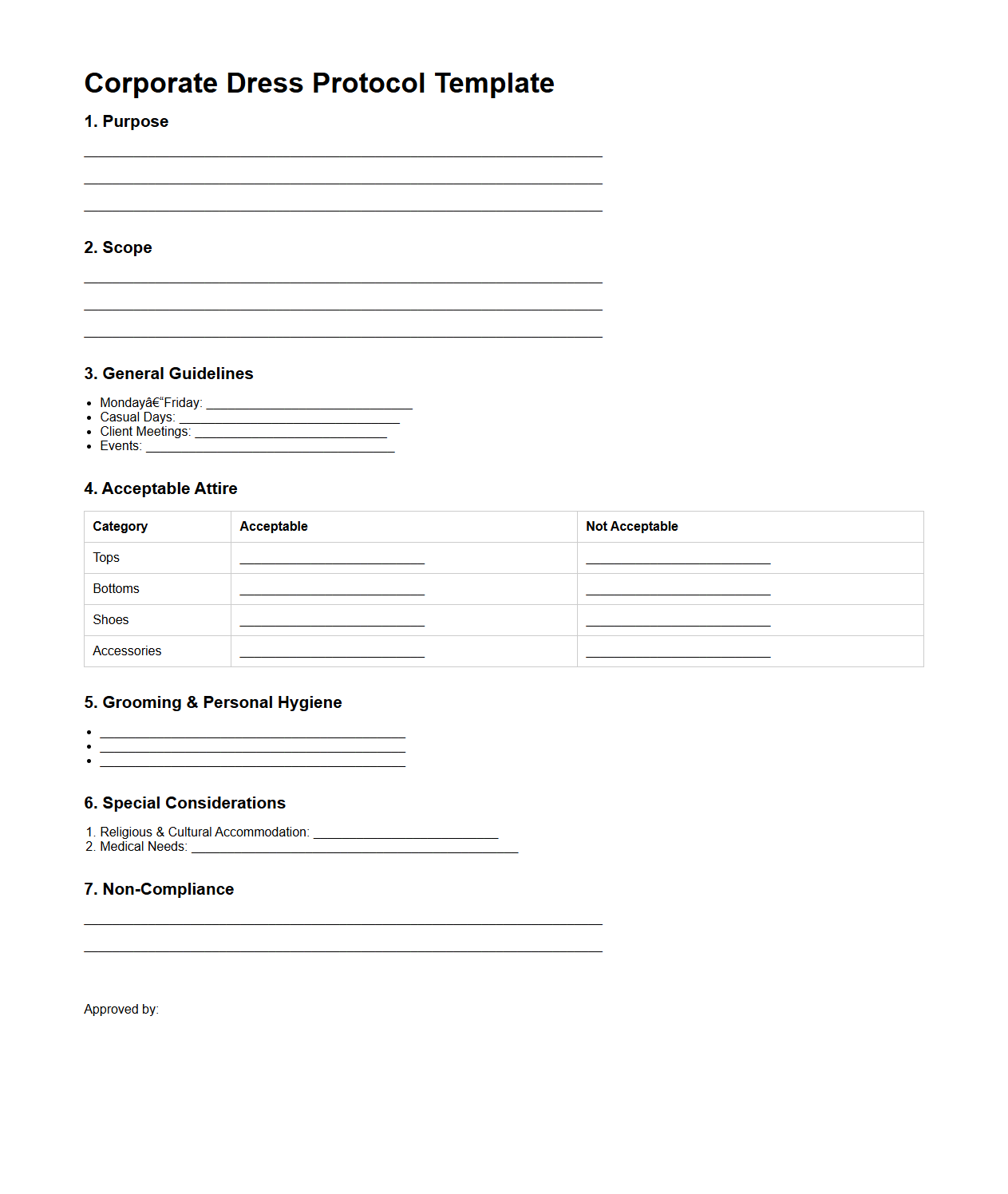Blank Corporate Dress Protocol Template