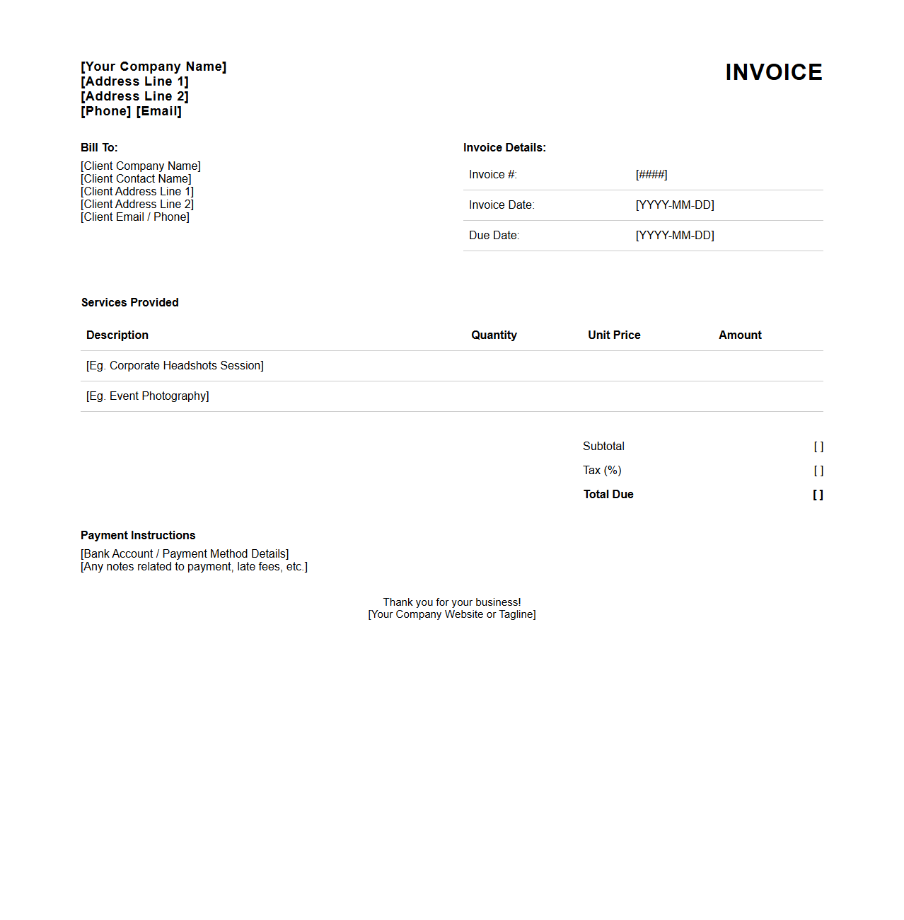 Blank Corporate Photography Invoice Template