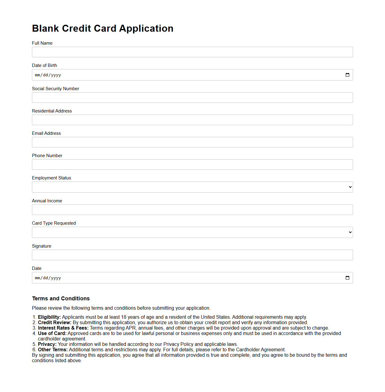 Blank Credit Card Application Template with Terms and Conditions