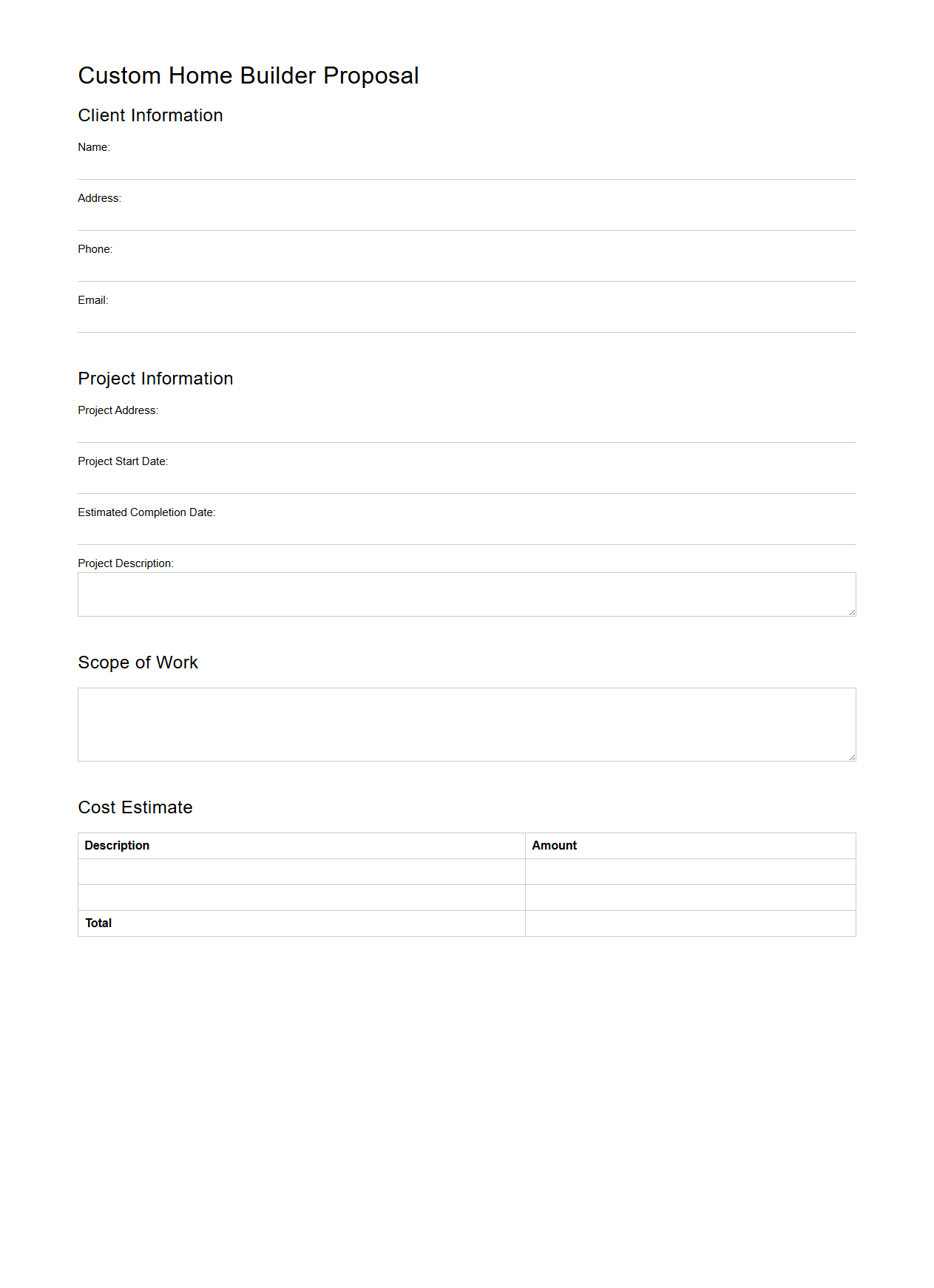 Blank Custom Home Builder Proposal Template