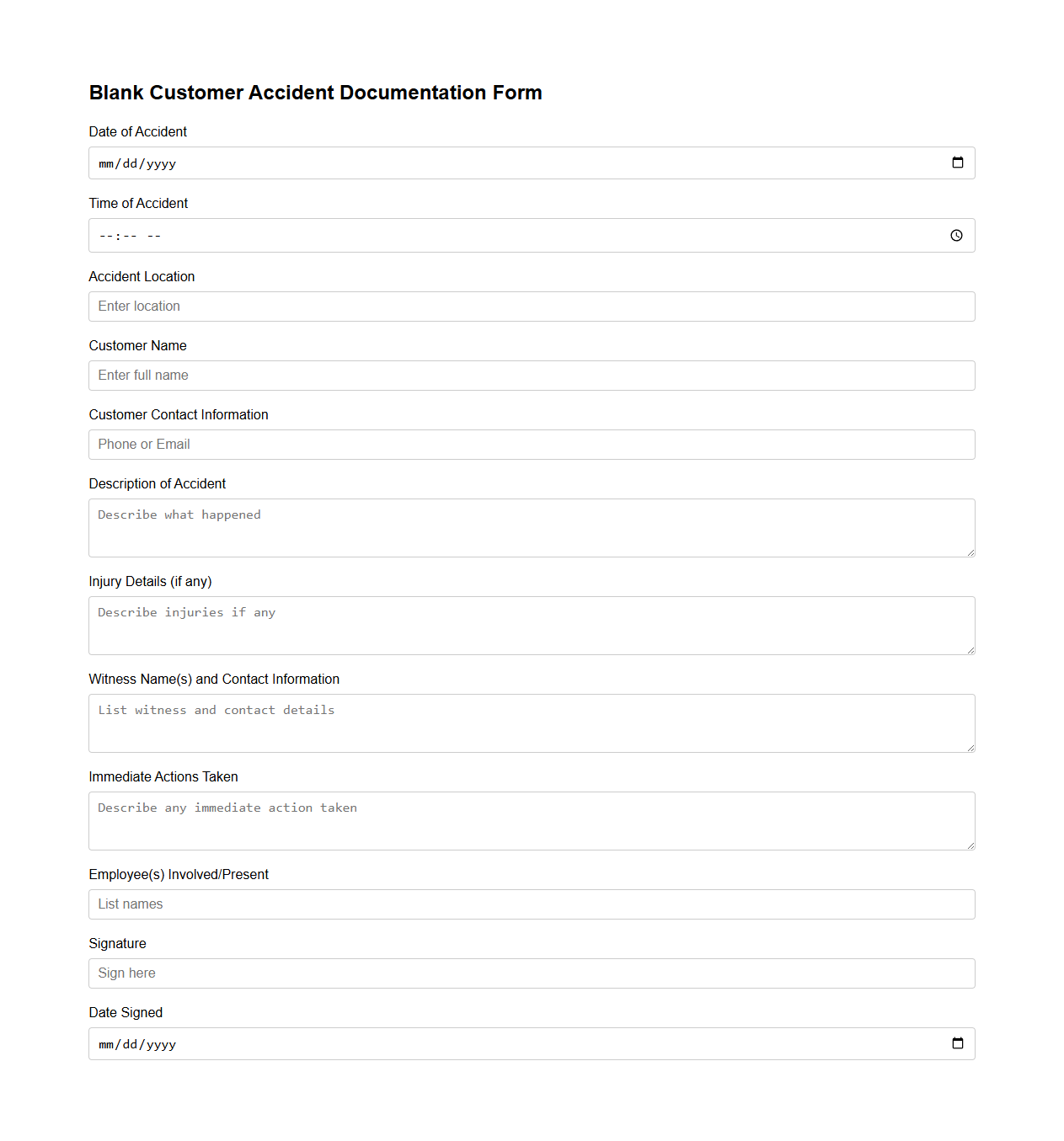Blank Customer Accident Documentation Form