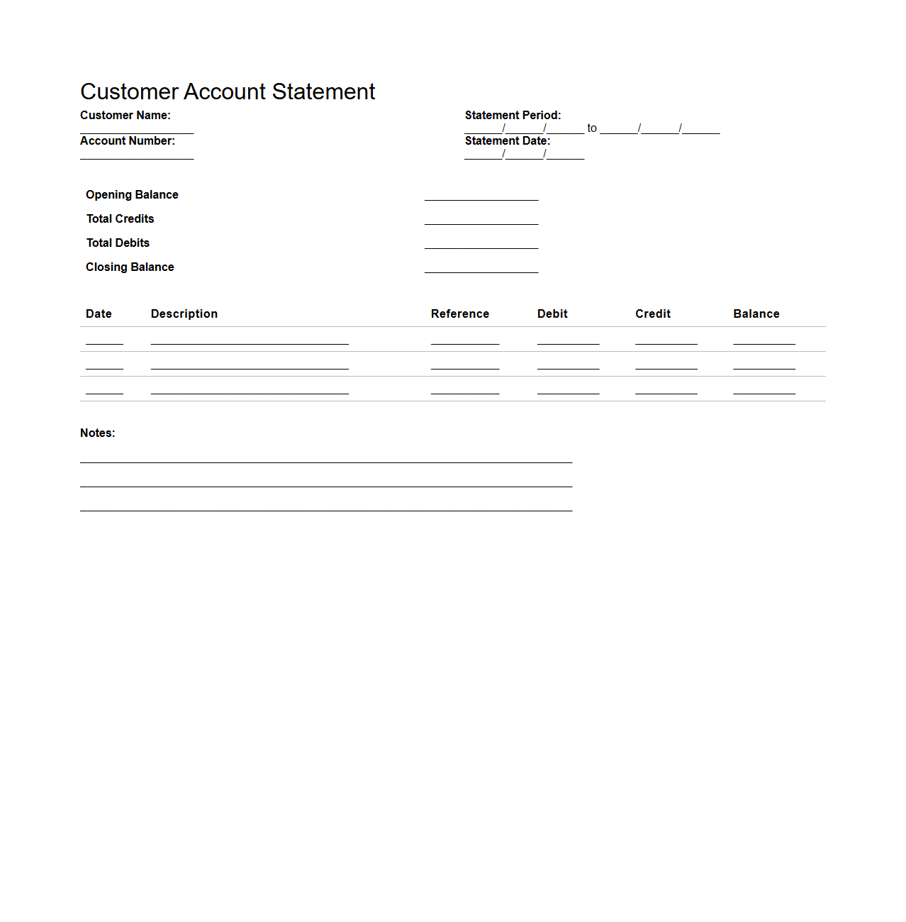 Blank Customer Account Statement Template