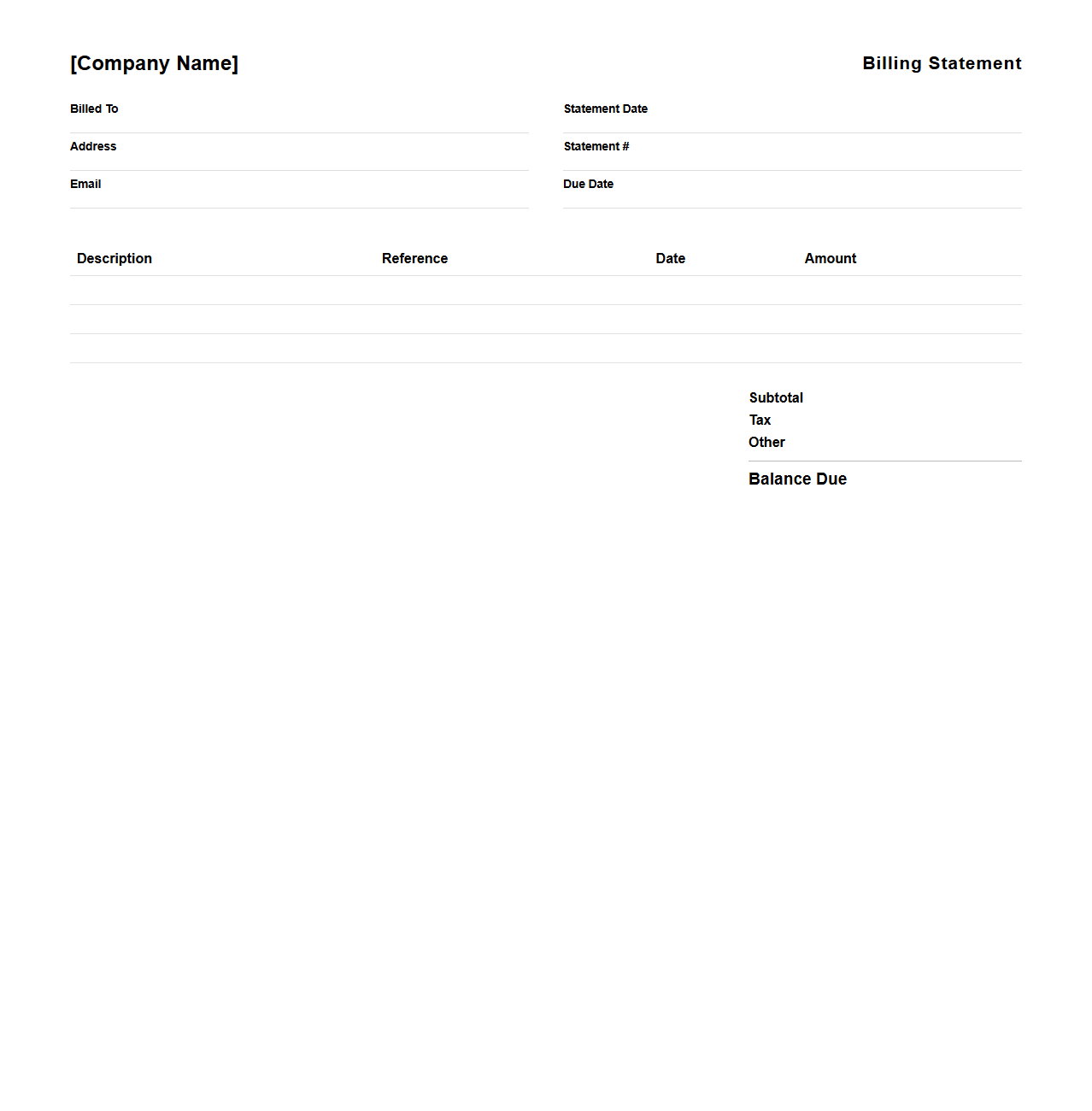 Blank Customer Billing Statement Layout