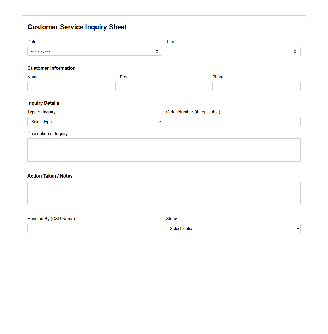 Blank Customer Service Inquiry Sheet