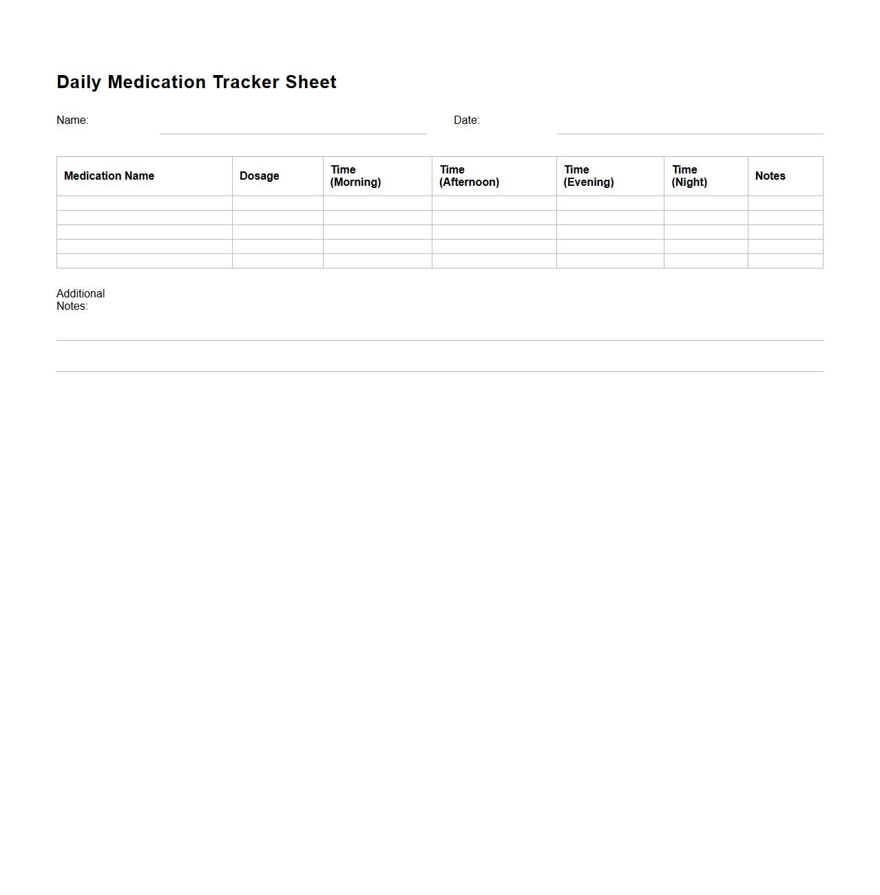 Blank Daily Medication Tracker Sheet for Patients