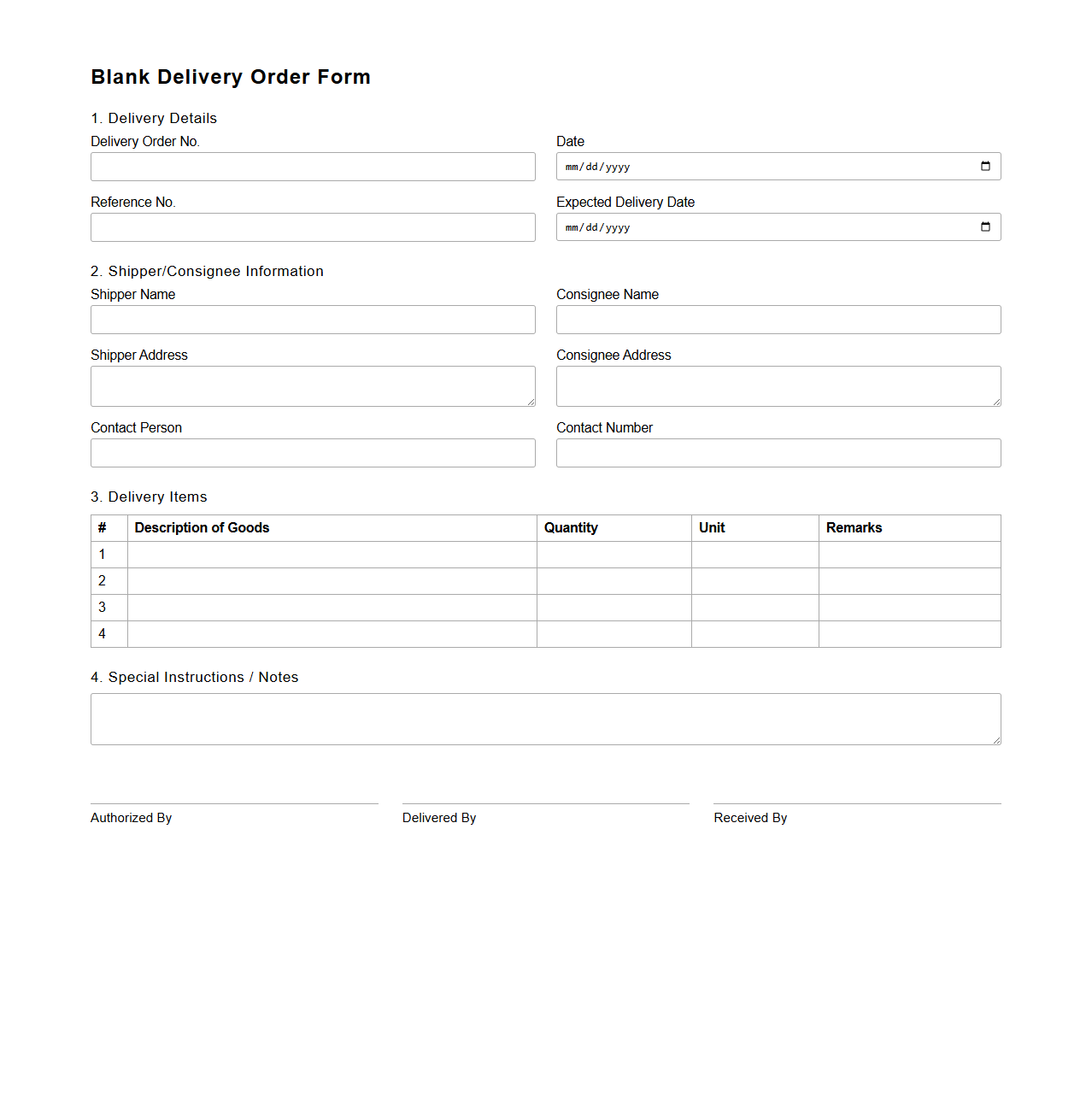 Blank Delivery Order Form for Logistics Coordination