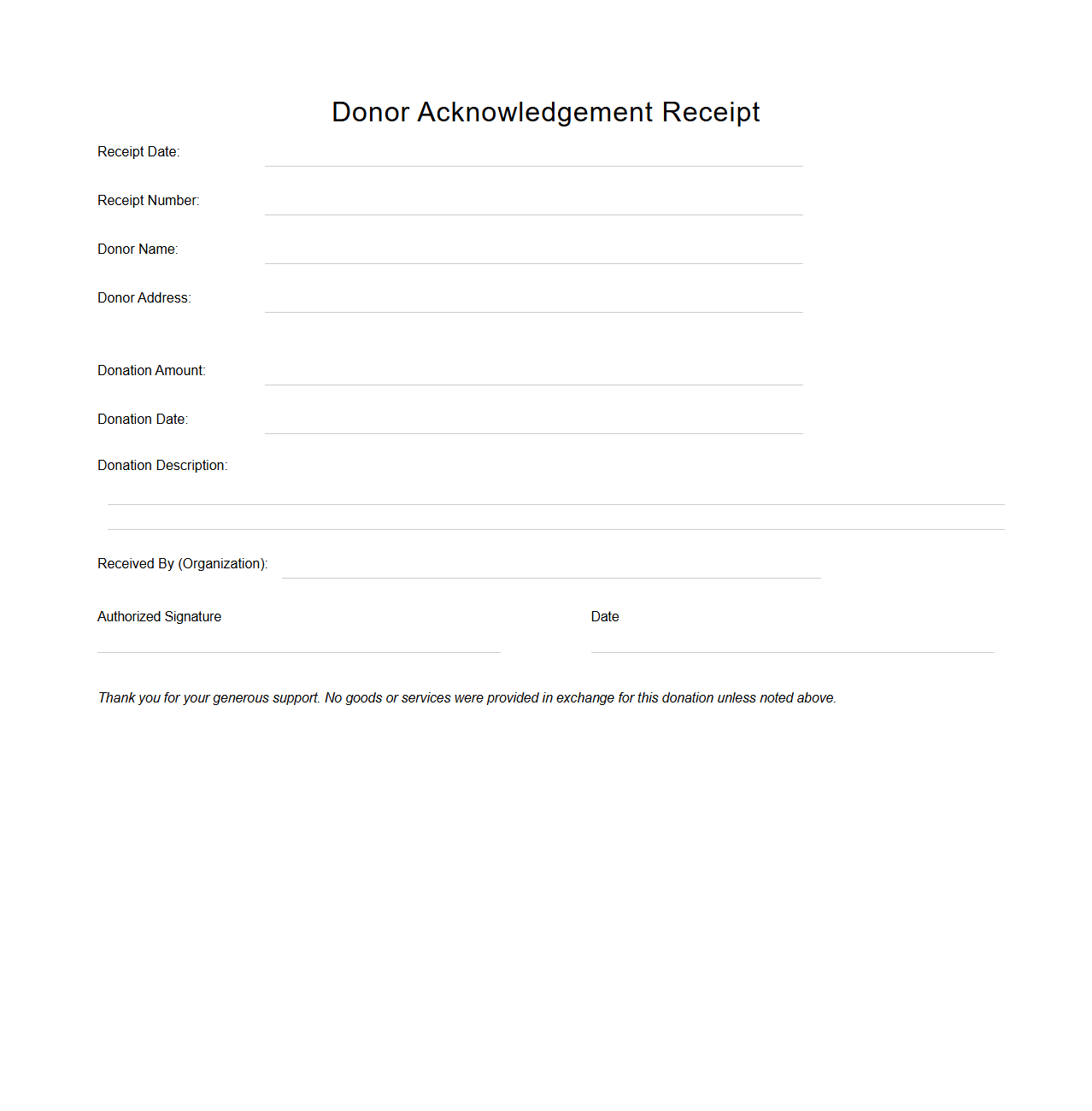 Blank Donor Acknowledgement Receipt Template