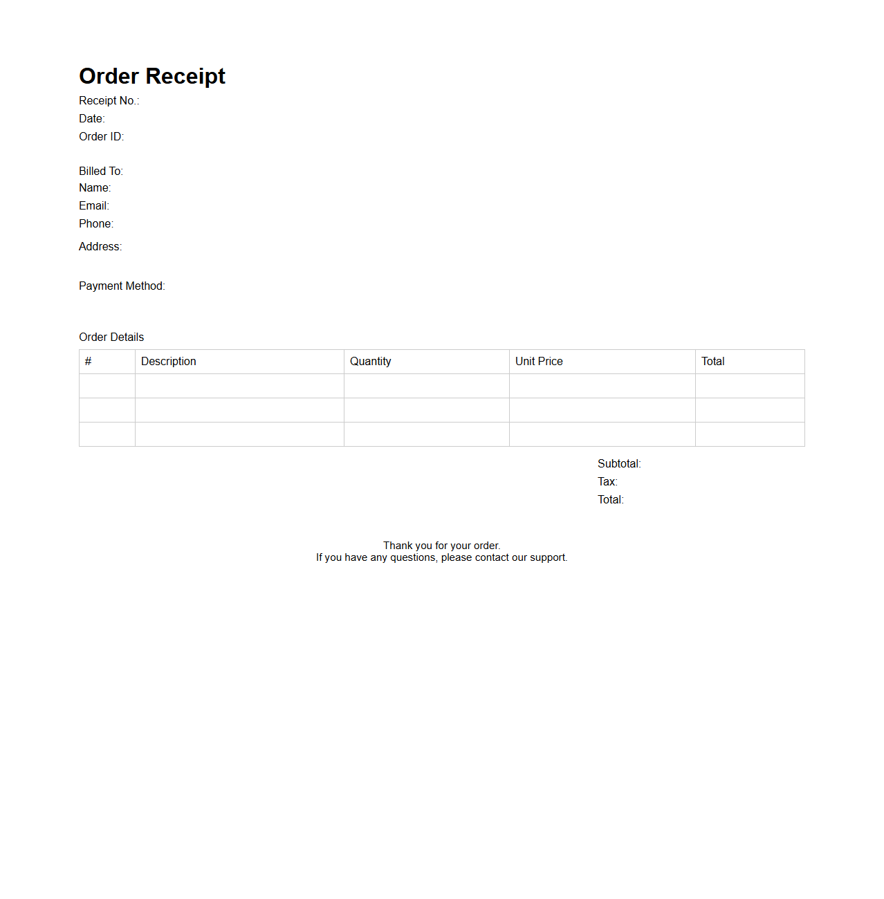 Blank Electronic Order Receipt Template