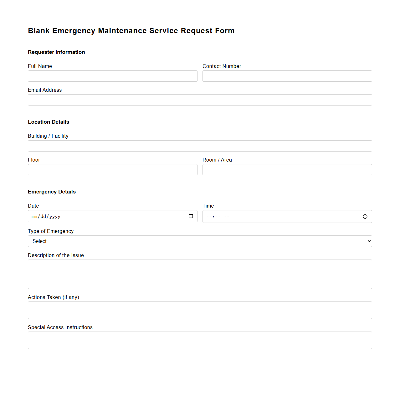 Blank Emergency Maintenance Service Request Form