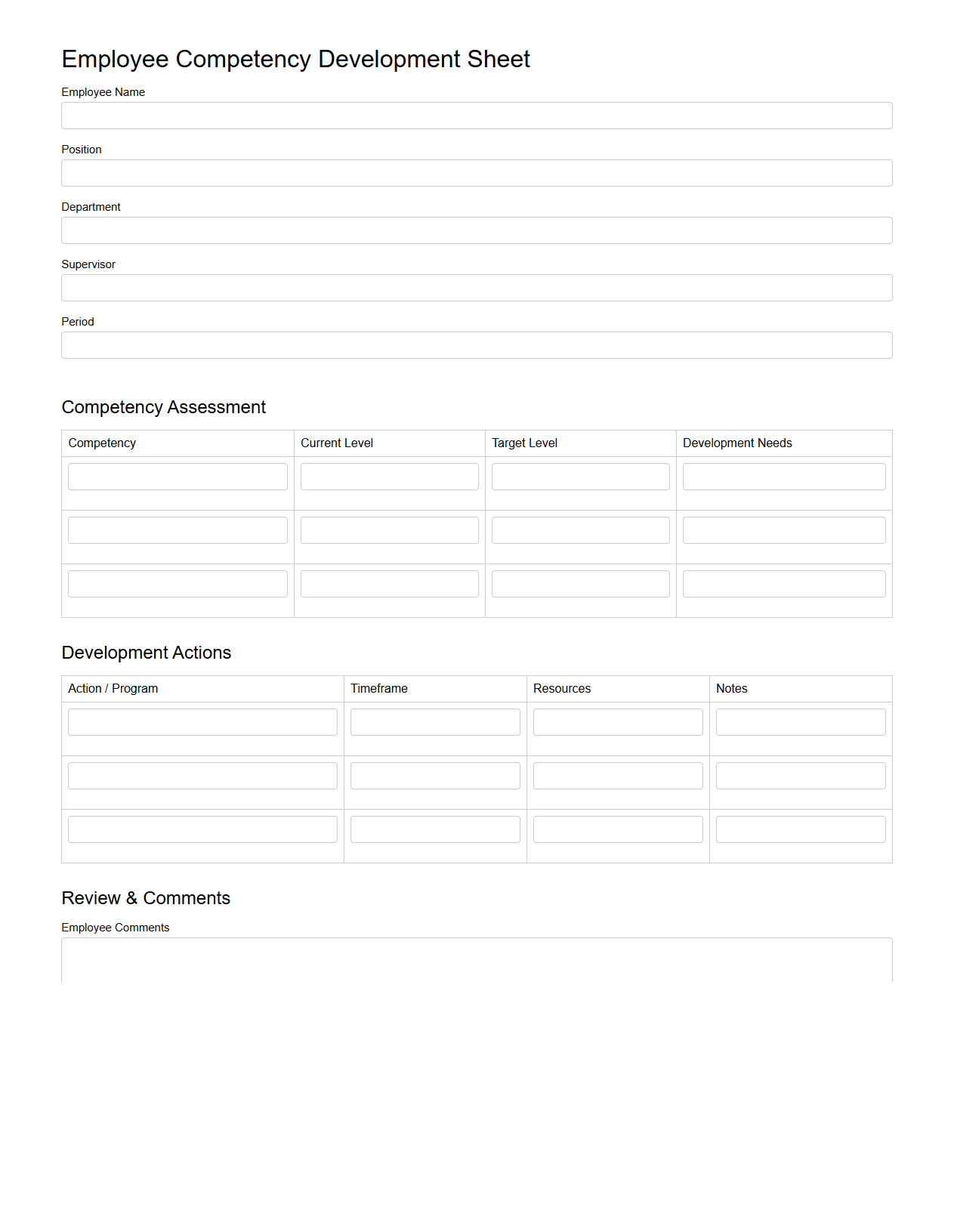 Blank Employee Competency Development Sheet