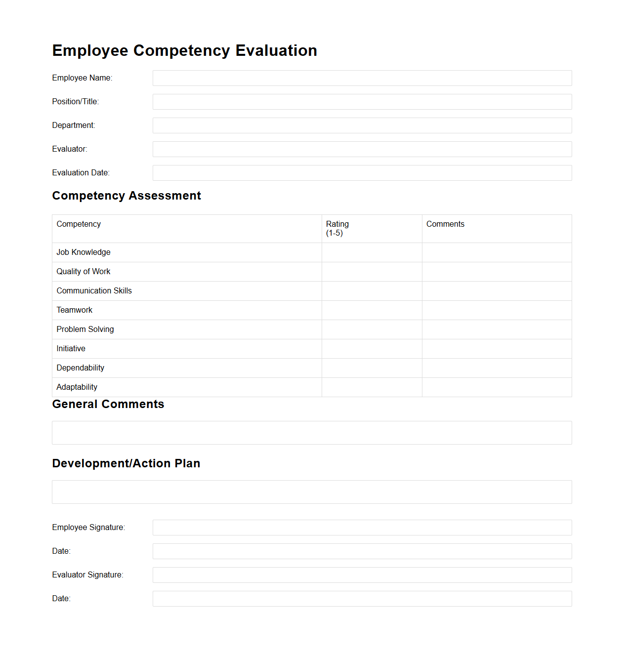 Blank Employee Competency Evaluation Template