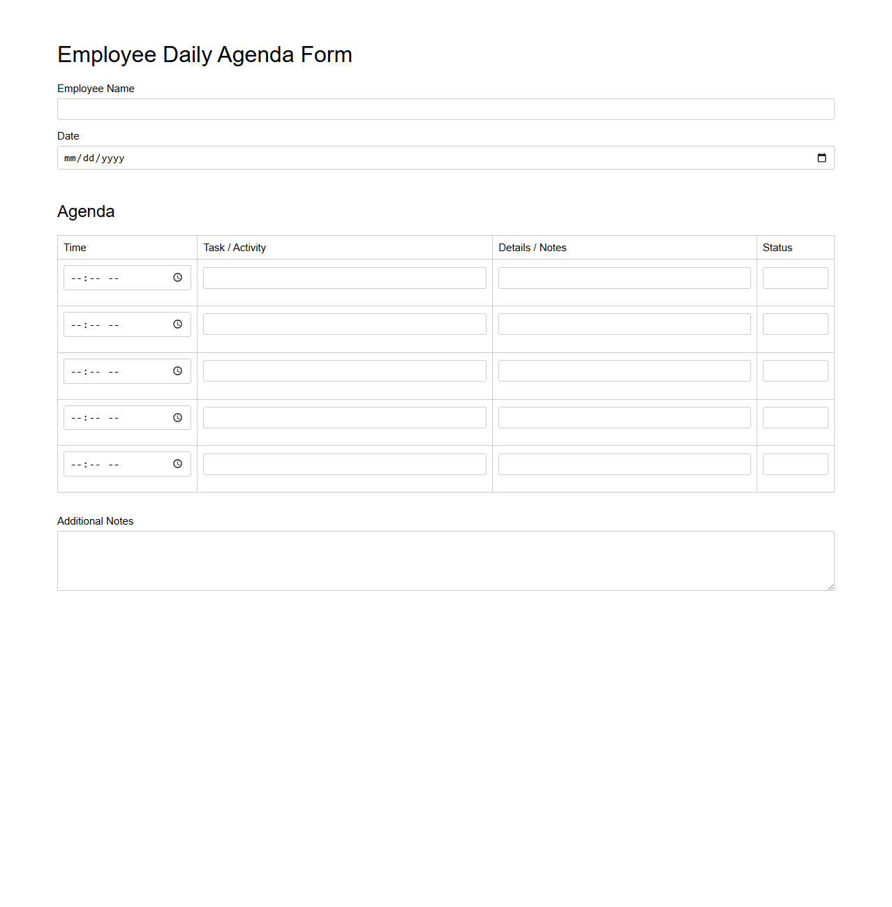 Blank Employee Daily Agenda Form