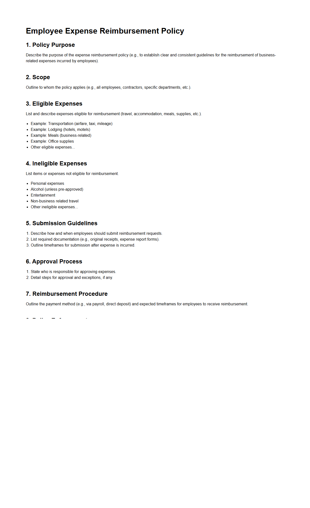 Blank Employee Expense Reimbursement Policy Template