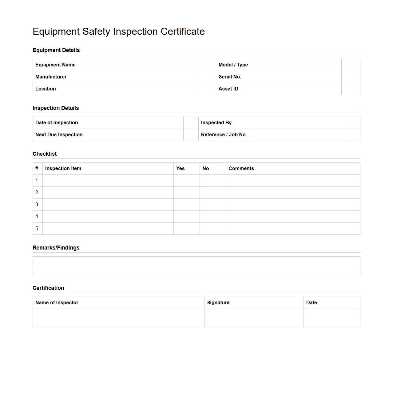 Blank Equipment Safety Inspection Certificate Template