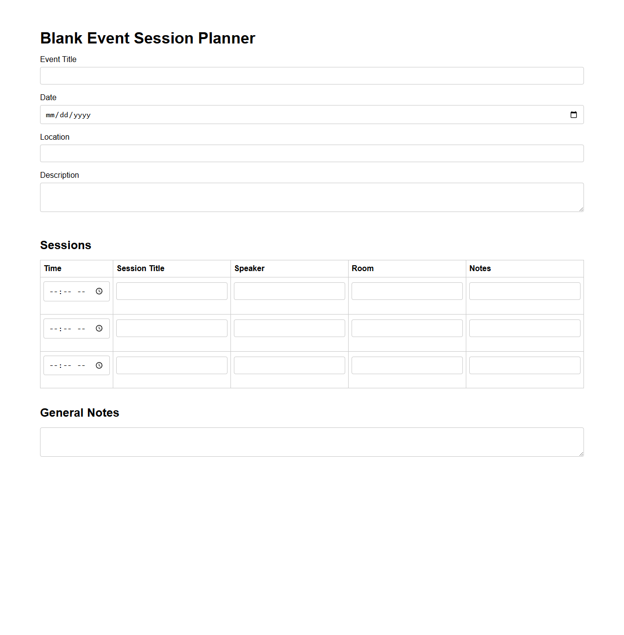 Blank Event Session Planner