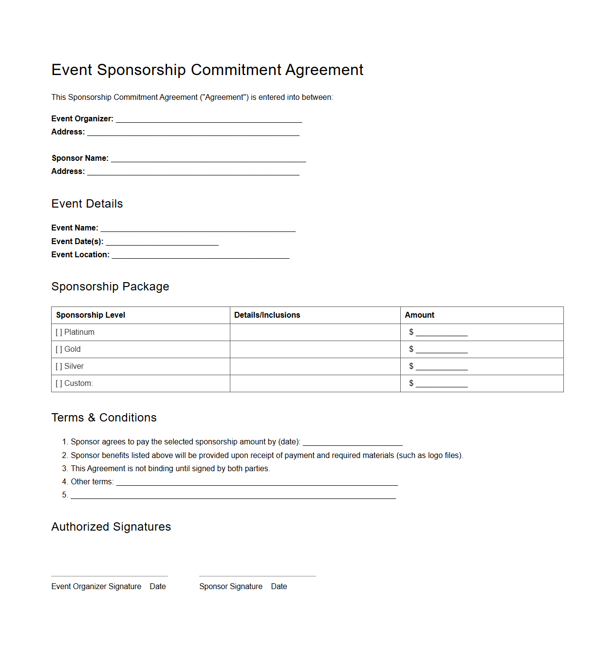Blank Event Sponsorship Commitment Agreement